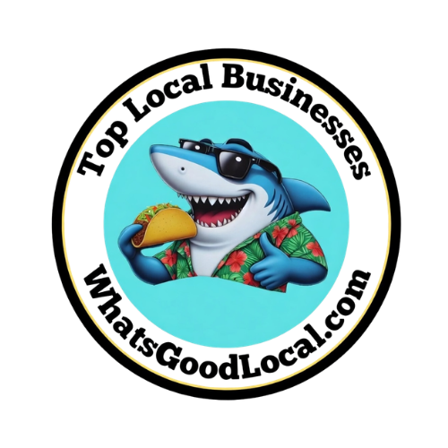 Cartoon shark in a Hawaiian shirt eating taco, circle text 'Top Local Businesses WhatsGoodLocal.com'.