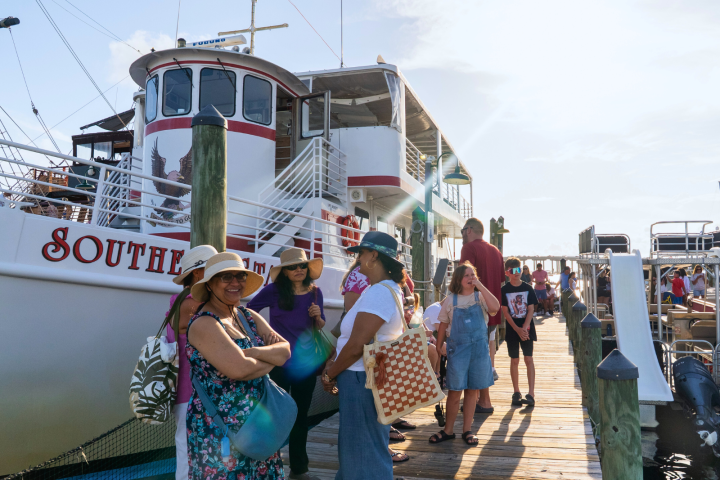People waiting in line on a dock beside a large white tour boat under a sunny sky.