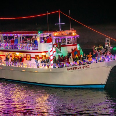 Southern Star boat decorated with Christmas Lights at night